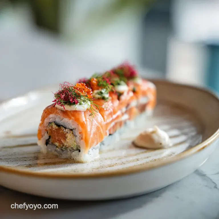 Artfully arranged sushi roll slices showing bright orange salmon, creamy avocado, and crisp cucumber on a modern white plate.