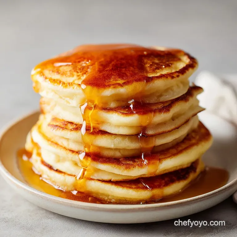 Three thick, pale gold pancakes neatly stacked on a white ceramic plate, garnished with fresh blueberries and mint.