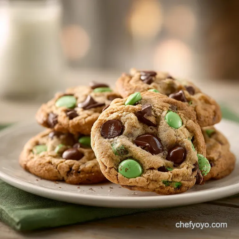A stack of rich, dark chocolate cookies topped with a bright green Andes mint, artfully arranged on a white plate.