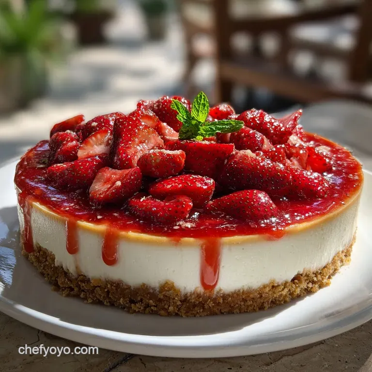Slice of smooth cheesecake adorned with a ripe strawberry. Light reflects off its glossy, inviting surface.