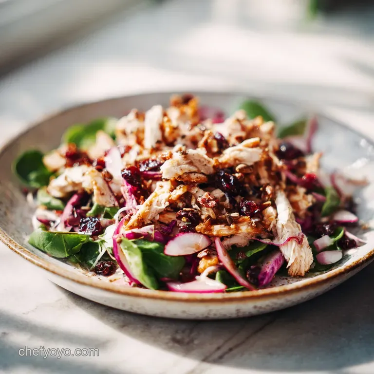 A dollop of colorful chicken salad adorned with fresh cranberries and chopped greens on a plate.