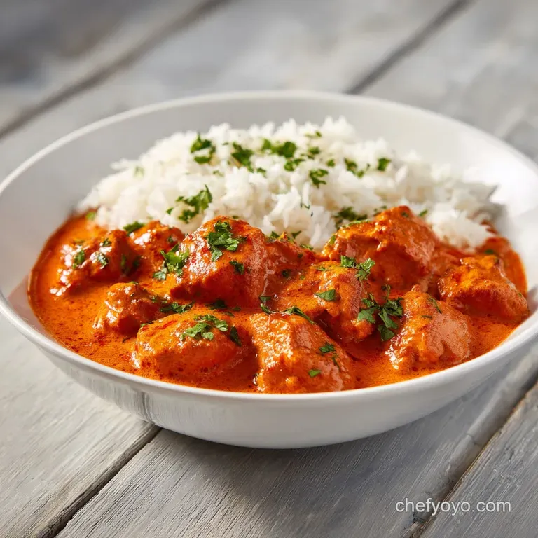 Elegant plate of creamy Chicken Tikka Masala; tender chicken glistening in a vibrant, spiced sauce, with fluffy basmati ri...