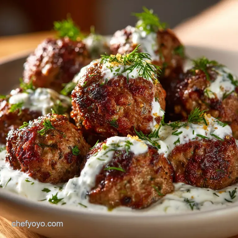 Zesty Greek Keftedes Meatballs with Creamy Tzatziki presentation