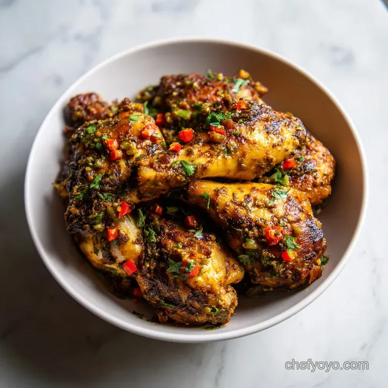 A vibrant plate of tender jerk chicken with bright green garnish, served with colorful sides.
