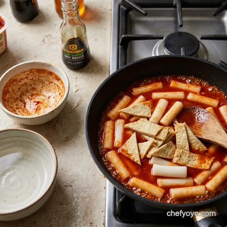 Rice cakes and fish cakes simmering in a thin red sauce.