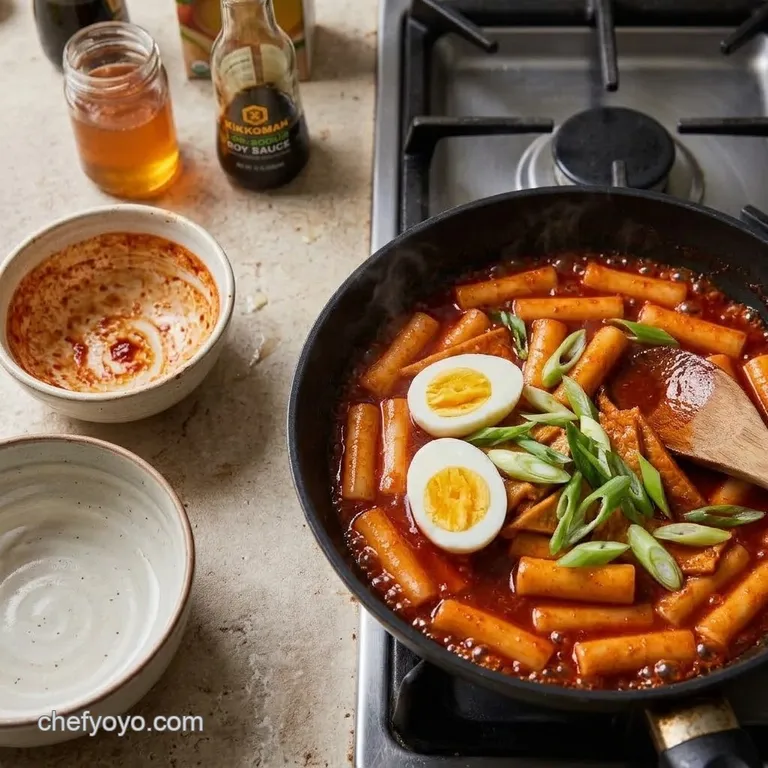 Tteokbokki with a thick glaze, hard-boiled eggs, and green onions in a skillet.