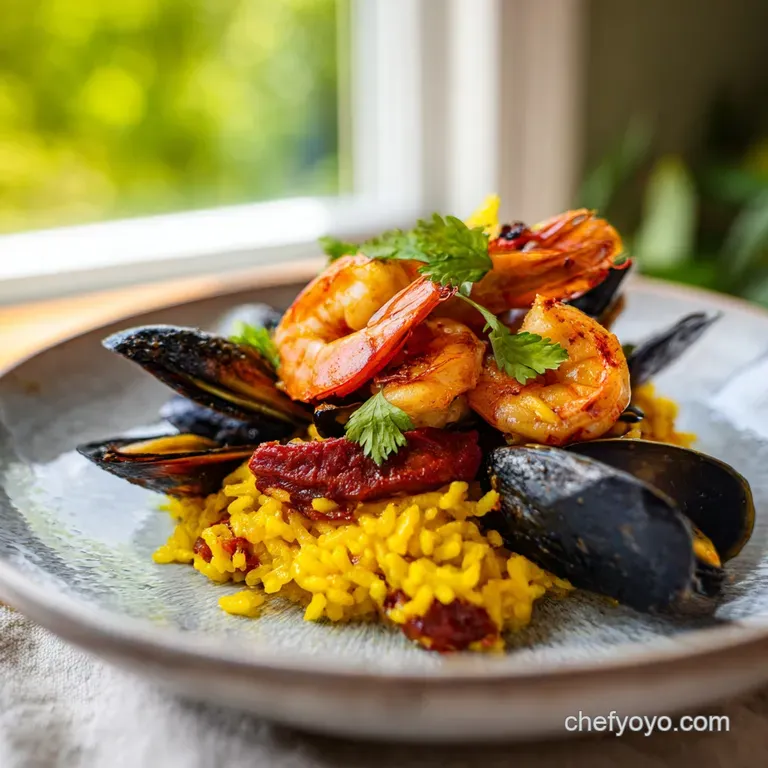 Vibrant yellow rice in a rustic pan with charred chicken pieces, red pepper strips, and fresh parsley garnish.