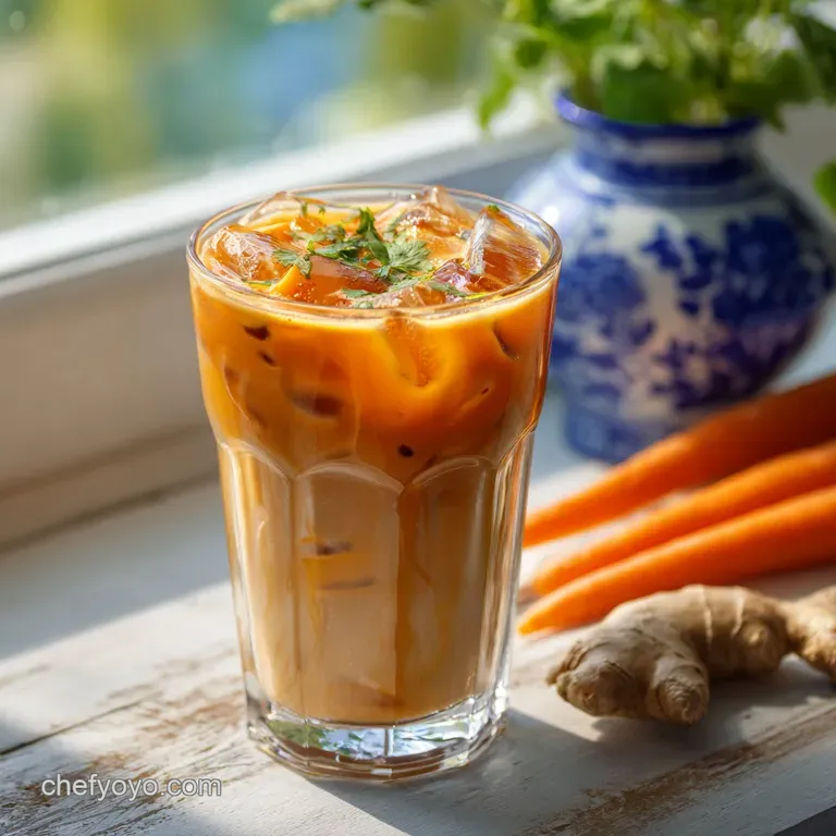 Frothy, amber-colored Thai tea layered over ice in a tall glass, garnished with a sprig.