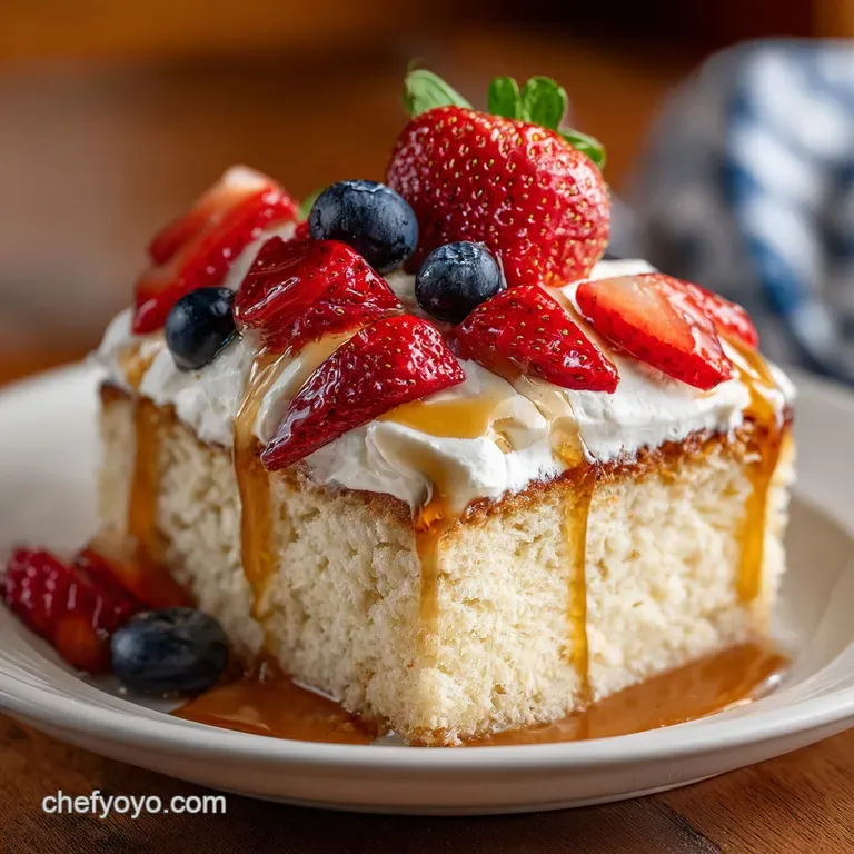 A slice of tres leches cake on a white plate, drizzled with caramel and topped with a cherry.