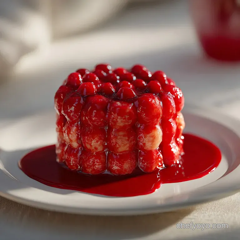 A shallow white bowl of glossy red rice cakes and a soft-boiled egg, styled on a minimalist wooden dining table.