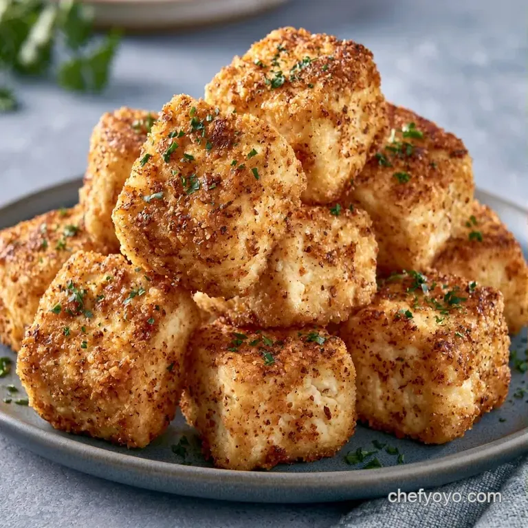 Neatly stacked golden tofu squares garnished with sliced scallions and sesame seeds on a modern slate platter.