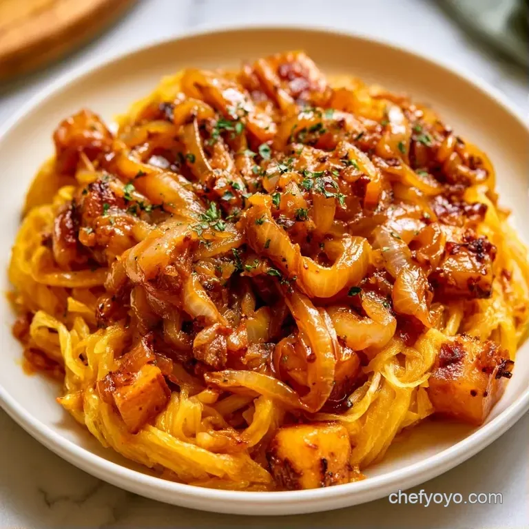 Tender golden squash strands piled neatly on a white ceramic plate with a side of roasted garlic cloves