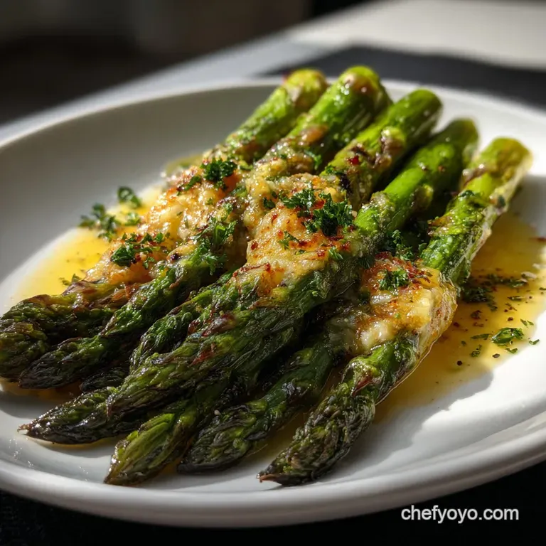 Tender-crisp asparagus artfully arranged on a white plate, showcasing contrasting textures against a creamy, rich hollanda...
