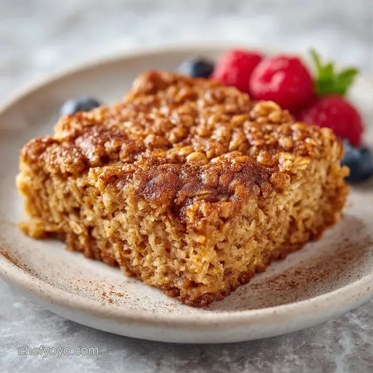 A neat slice of golden oat cake on a white ceramic plate, drizzled with syrup and topped with fresh banana coins.