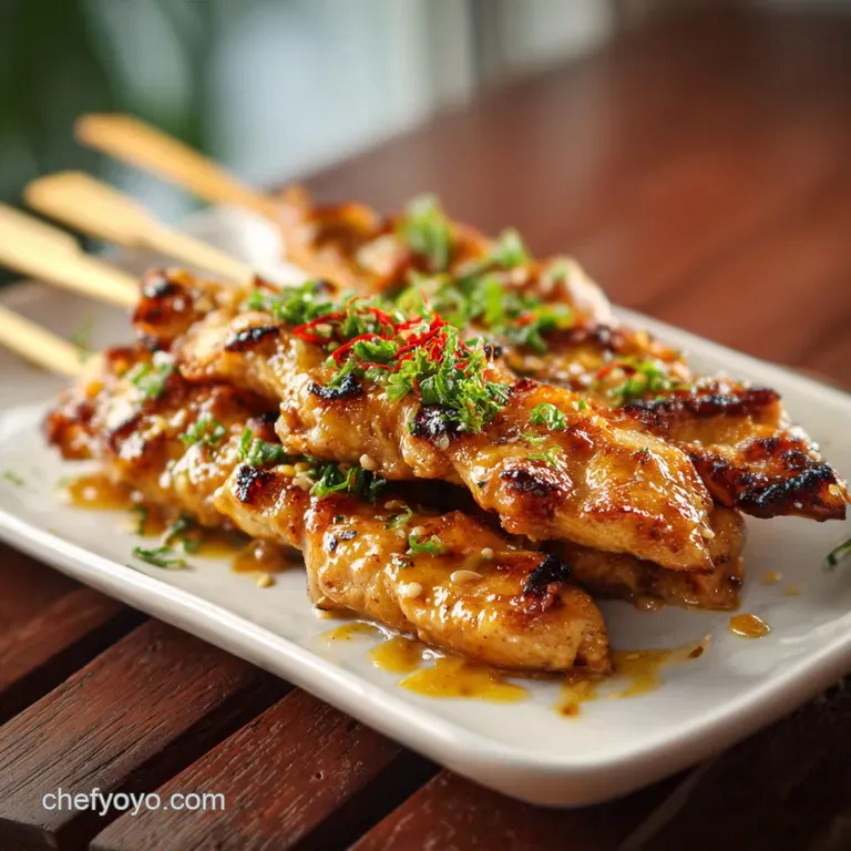 Bang Bang chicken skewers arranged artfully on a plate, vibrant sauce dripping. Green scallions add freshness. Ready to eat.