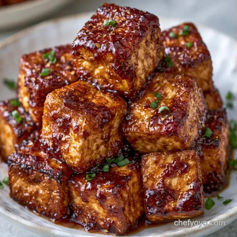 Neatly stacked golden tofu cubes garnished with sliced scallions and sesame seeds on a minimalist white platter