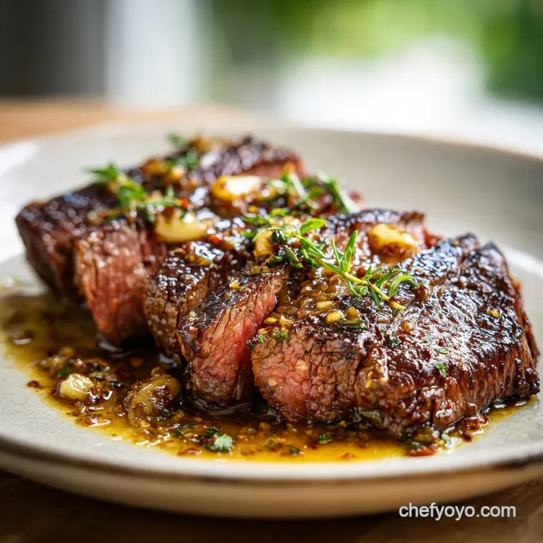 Juicy slices of bavette steak elegantly fanned on a plate, drizzled with glossy pan sauce; fresh herbs sprinkled on top.