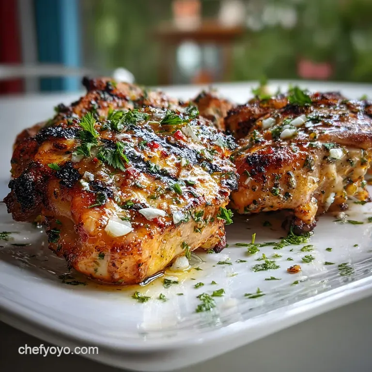 BBQ chicken quarters gleam on a white plate. Tangy sauce coats the juicy meat, alongside bright green broccoli florets.
