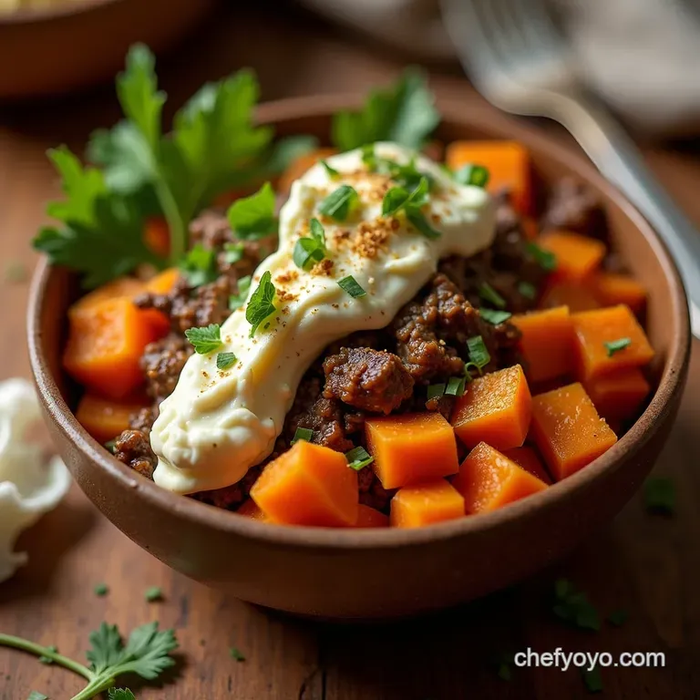 The Ultimate Savoury Sweet Potato Spiced Beef Cottage Cheese Bowl presentation