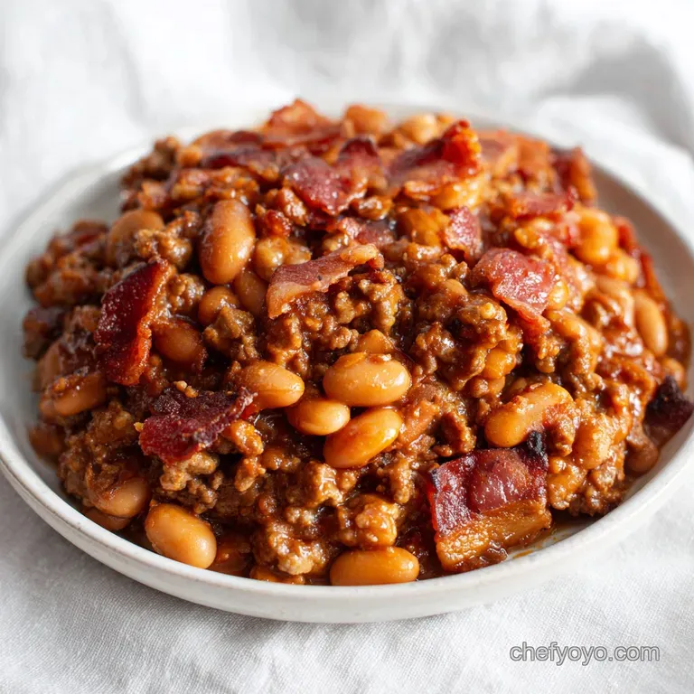 A steaming portion of savory baked beans, a comforting side with a glossy sheen.