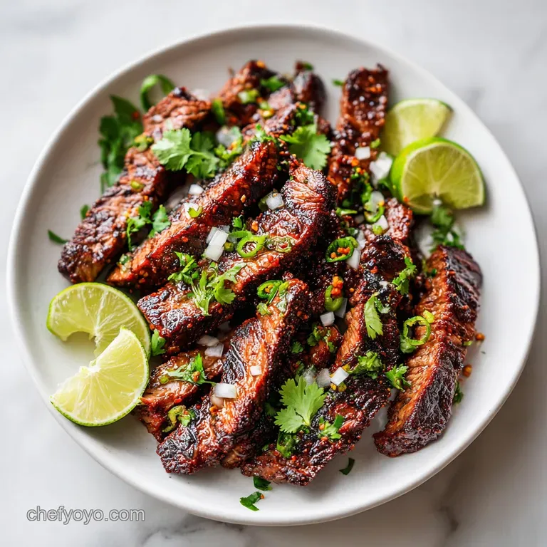 Juicy, dark seared beef slices fanned across a rustic plate, adorned with bright green garnishes and a hint of smoke.