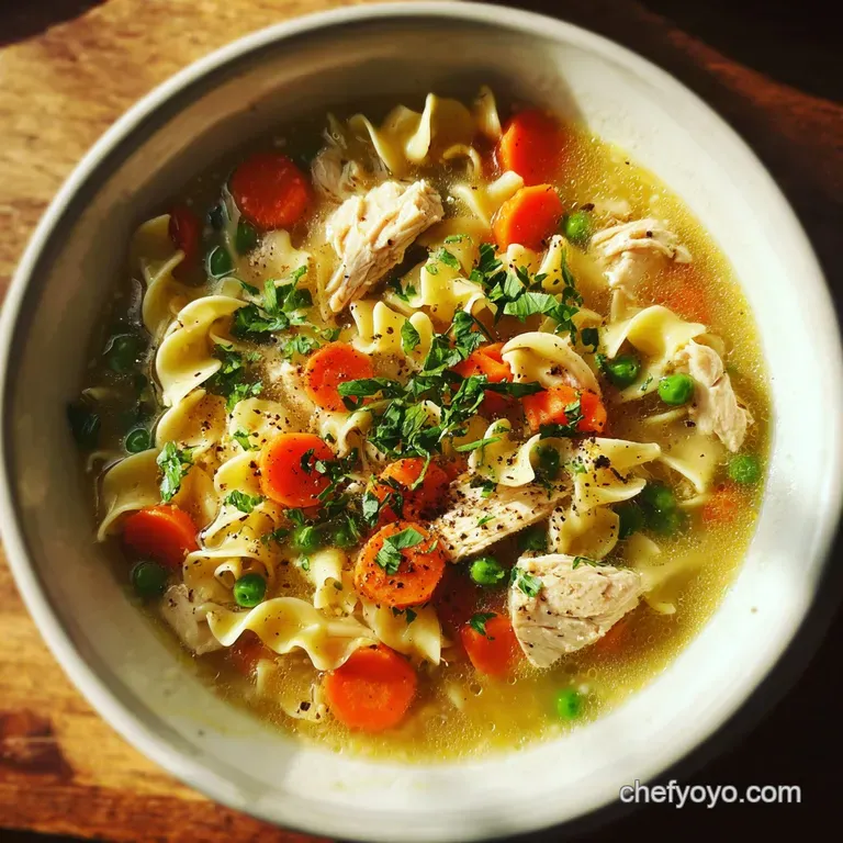 Elegant bowl of glistening chicken noodle soup, garnished with fresh parsley. A spoon rests nearby.