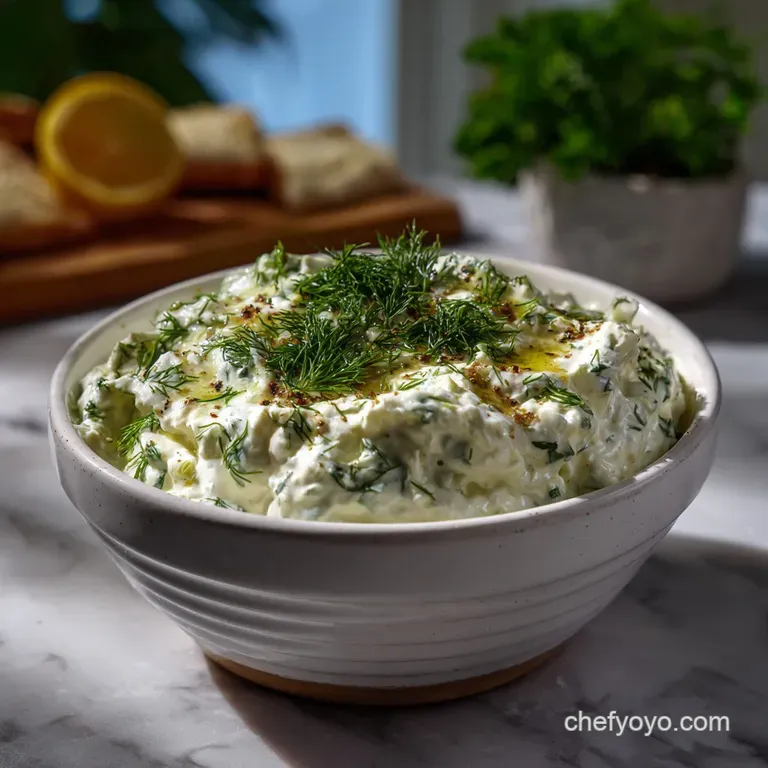 Elegant small dish of chilled, creamy dip garnished with a sprig of fresh dill, offering a cool, refreshing visual.