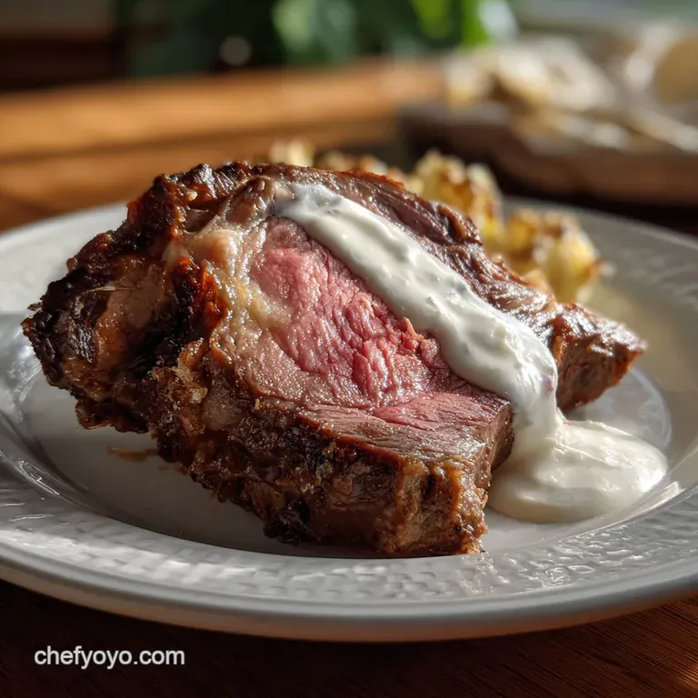 Elegant, artful drizzle of creamy horseradish sauce across a prime rib serving; garnished with fresh parsley for a refined...