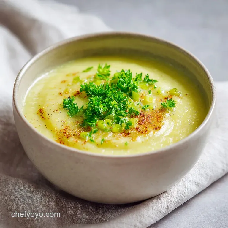 Elegant bowl of pale yellow potato leek soup, garnished with a drizzle of olive oil and fresh chives on a linen tablecloth.