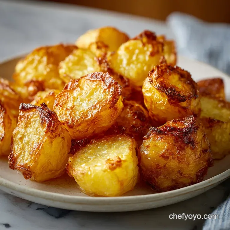 Pile of perfectly golden roast potatoes, lightly sprinkled with herbs, presented elegantly in a rustic bowl.
