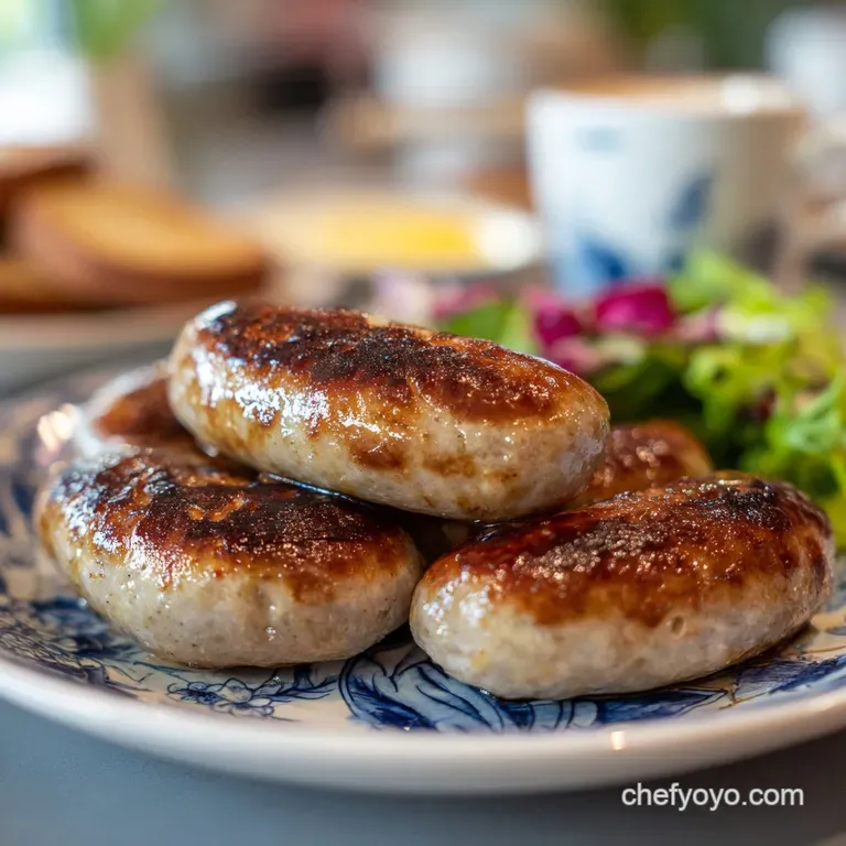 Artfully arranged sausage balls in a shallow bowl, showcasing the creamy sauce and fresh green herbs. The light reflects b...