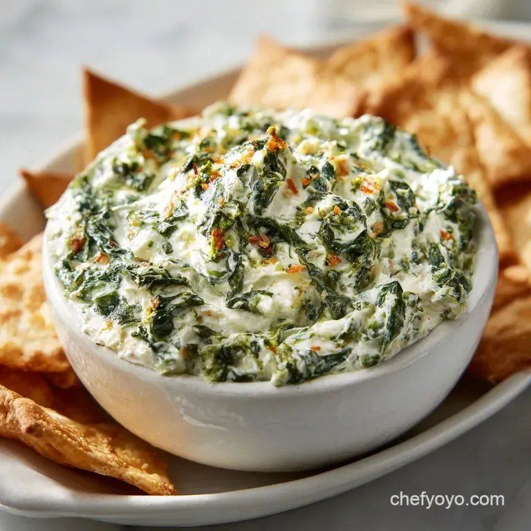 Elegant ramekin of warm spinach dip, garnished with paprika and parsley, alongside crusty baguette slices on a linen napkin.