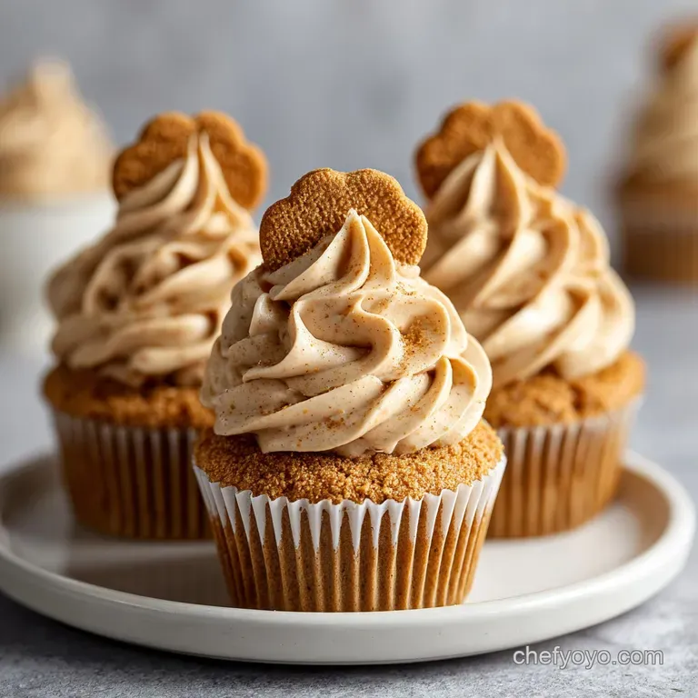 Three golden cupcakes arranged on a white marble slab, topped with smooth tan swirls and crushed cookie crumbs.