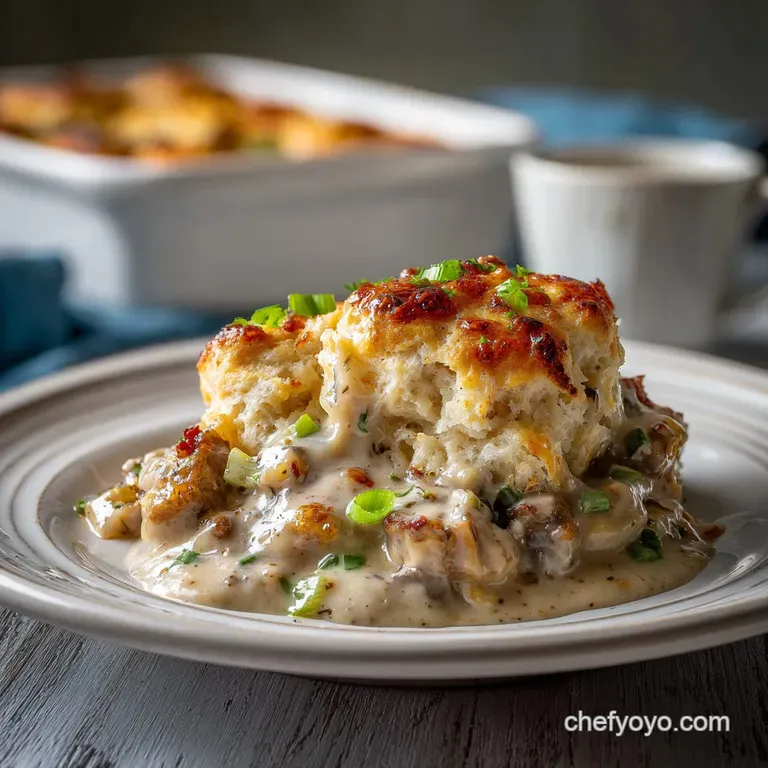 Buttery, layered biscuit casserole with rich gravy, garnished with fresh parsley, presented on a rustic wooden board, invi...