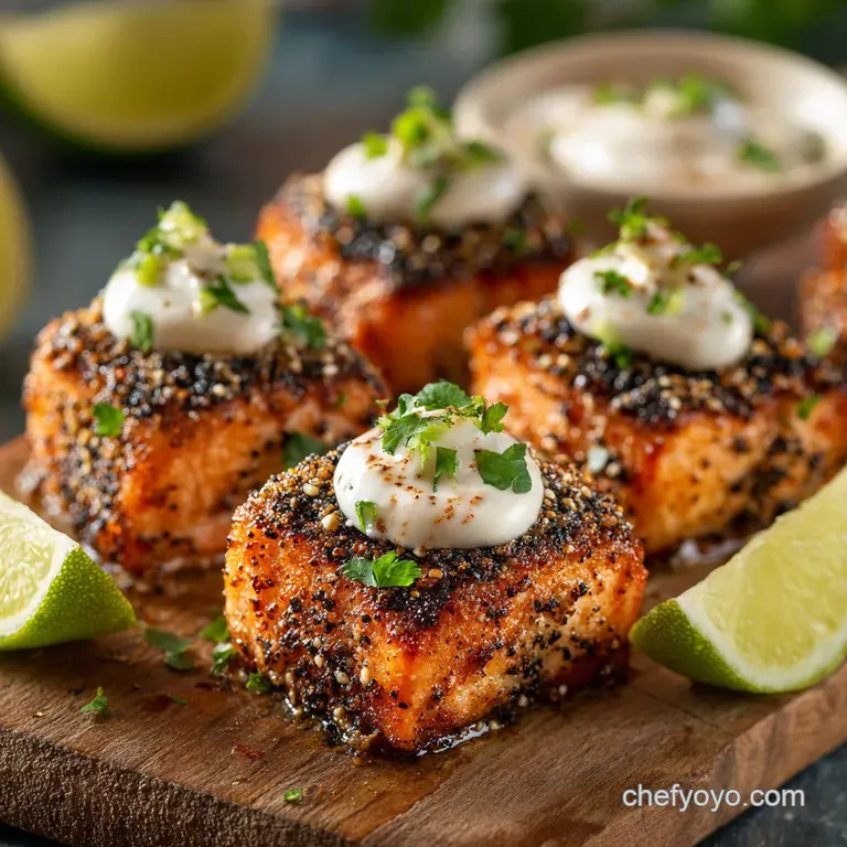 Blackened Air Fryer Salmon Bites Crispy 6Minute Recipe with Lime Crema presentation