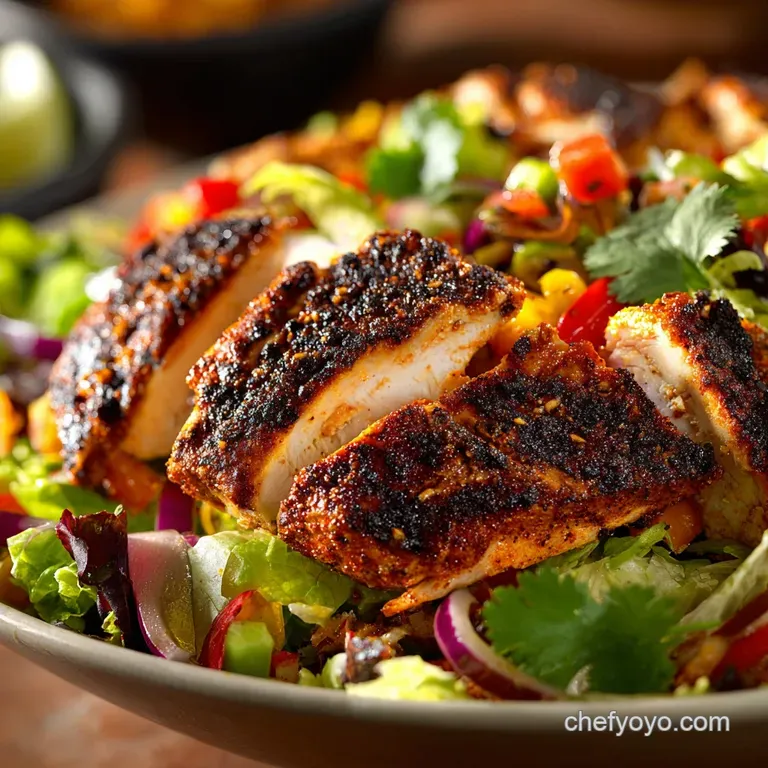Blackened Chicken Fiesta Salad: Cajun-Spiced Chicken with Zesty Lime Dressing presentation