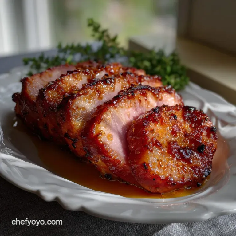 Elegant ham slice on a plate. The ham&rsquo;s glazed surface reflects light, revealing a tender interior. Garnished with a sprig...