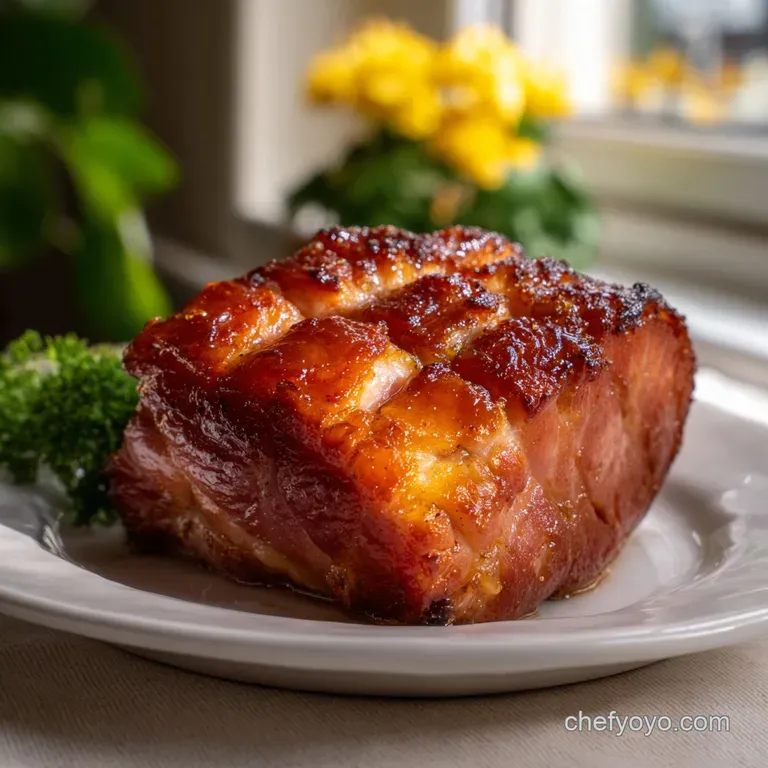 Glossy glazed ham centerpiece on a festive table. Deep mahogany hues, glistening glaze, and garnished with fresh herbs cre...