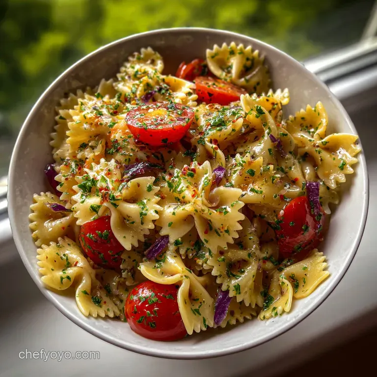 Elegant serving of chilled bow tie pasta salad. Bright vegetables and pasta shapes are layered artfully with a creamy, lig...