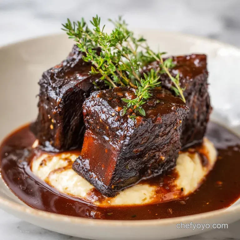 Fork tender short rib with deep brown, caramelized crust. Garnished with bright parsley & perched on polenta.