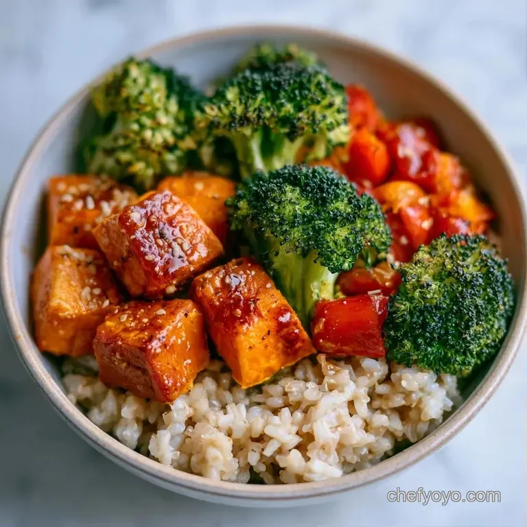 Vibrant roasted root vegetables artfully arranged over nutty brown rice in a matte black bowl with a side of lime.