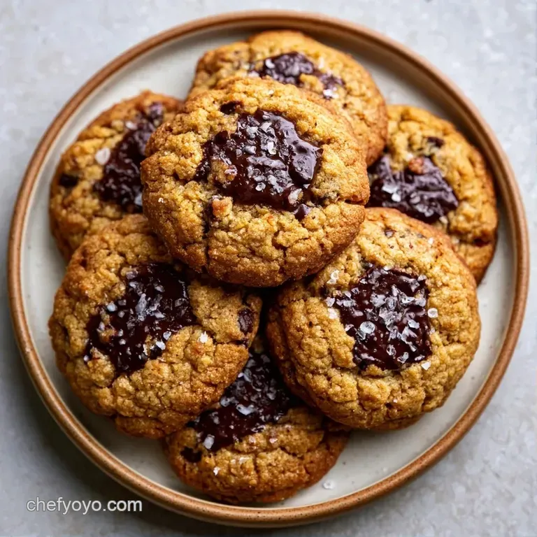 Neatly stacked golden cookies with shimmering chocolate drops on a matte plate beside a steaming cup of coffee.
