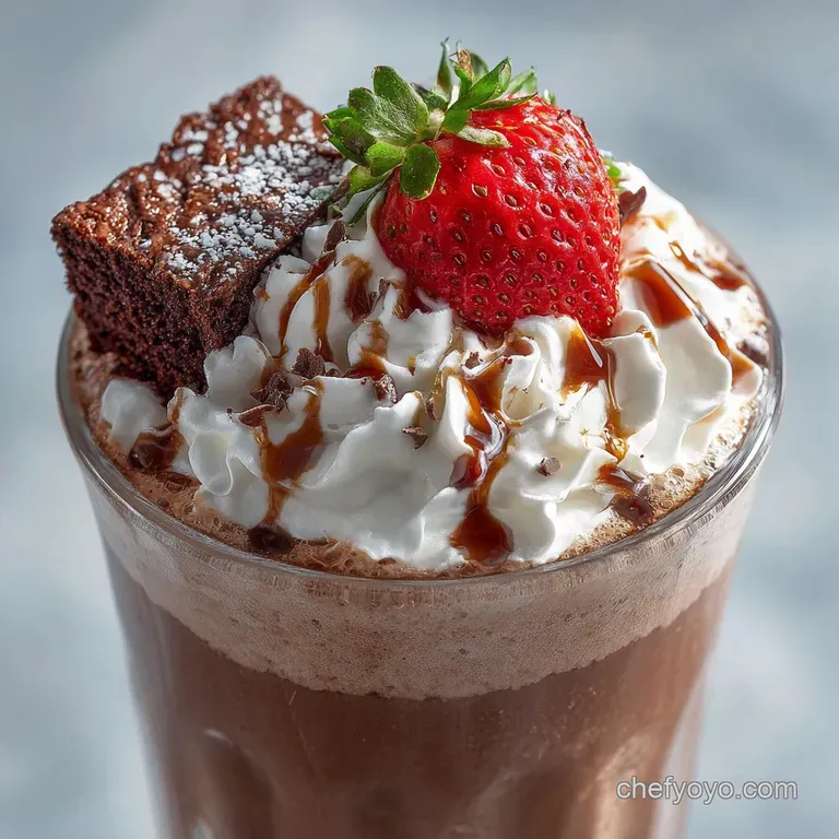 Tall glass of frothy brownie milkshake with whipped cream, chocolate shavings, and a chocolate straw against a dark backgr...