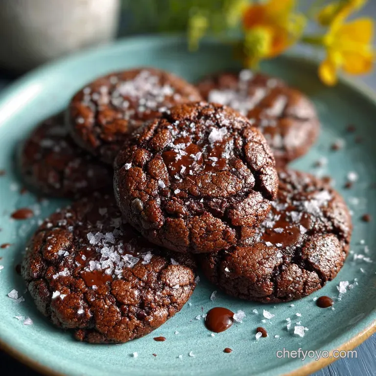Stack of fudgy brownie cookies on a white plate. Dusted with powdered sugar and drizzled with melted dark chocolate.