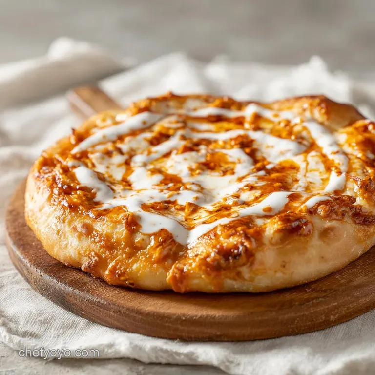 Slices of cheesy orange-hued pizza on a wooden board with creamy ranch dip and a sprinkle of fresh green scallions.