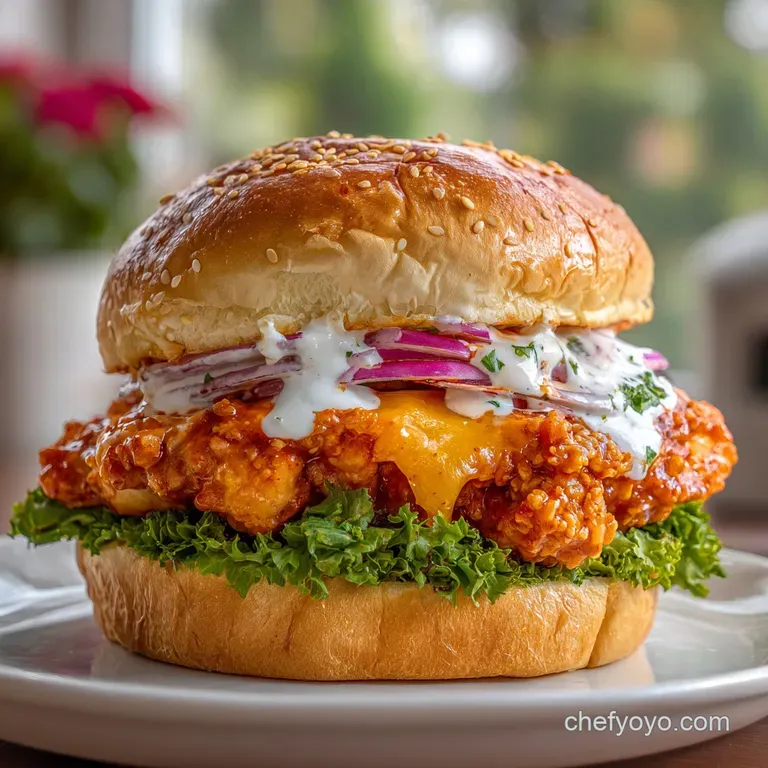 Crispy buffalo chicken sandwich cut in half, revealing juicy chicken, creamy sauce, and fresh lettuce on a rustic plate.