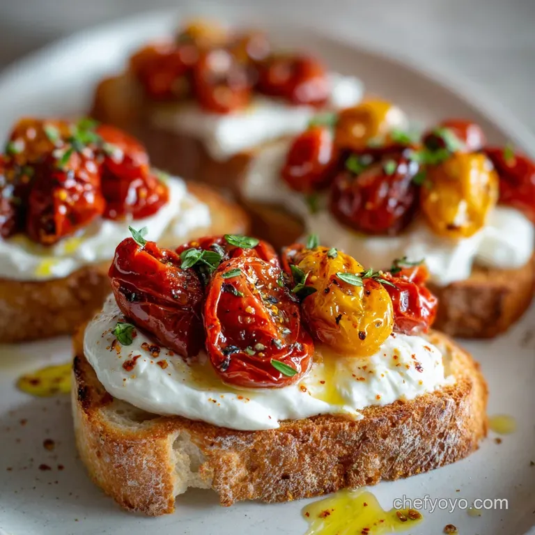 Elegant bruschetta plated with vibrant roasted tomatoes, torn basil leaves, and a glistening pool of burrata cream on a wh...
