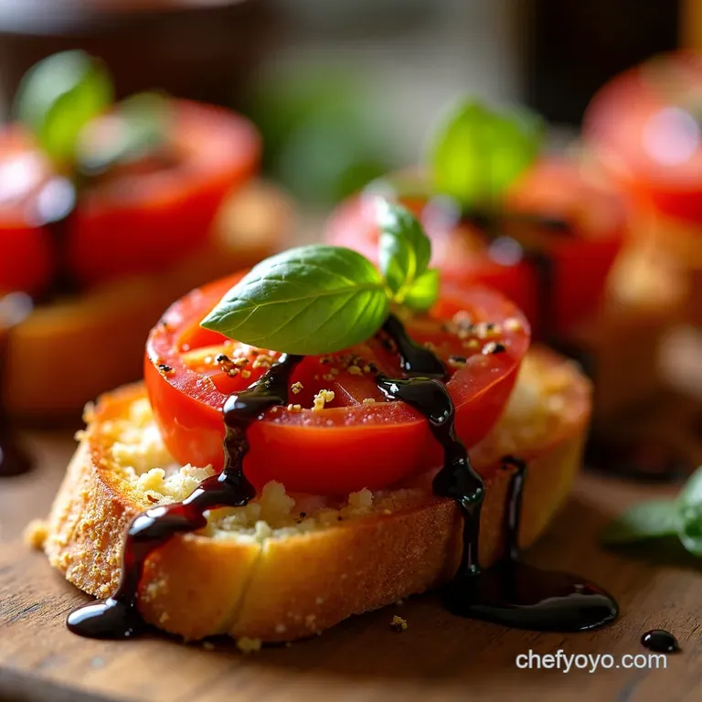 Bursting Tomato Basil Crostini with Balsamic Glaze presentation