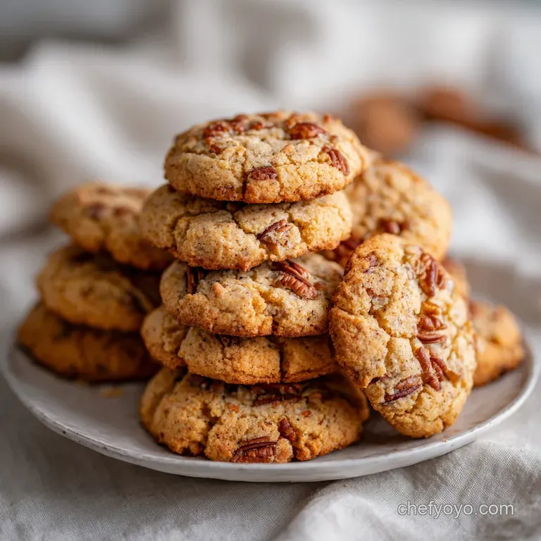 Stacked golden-brown buttery treats on a white ceramic plate, accented by toasted pecan halves and a linen napkin.