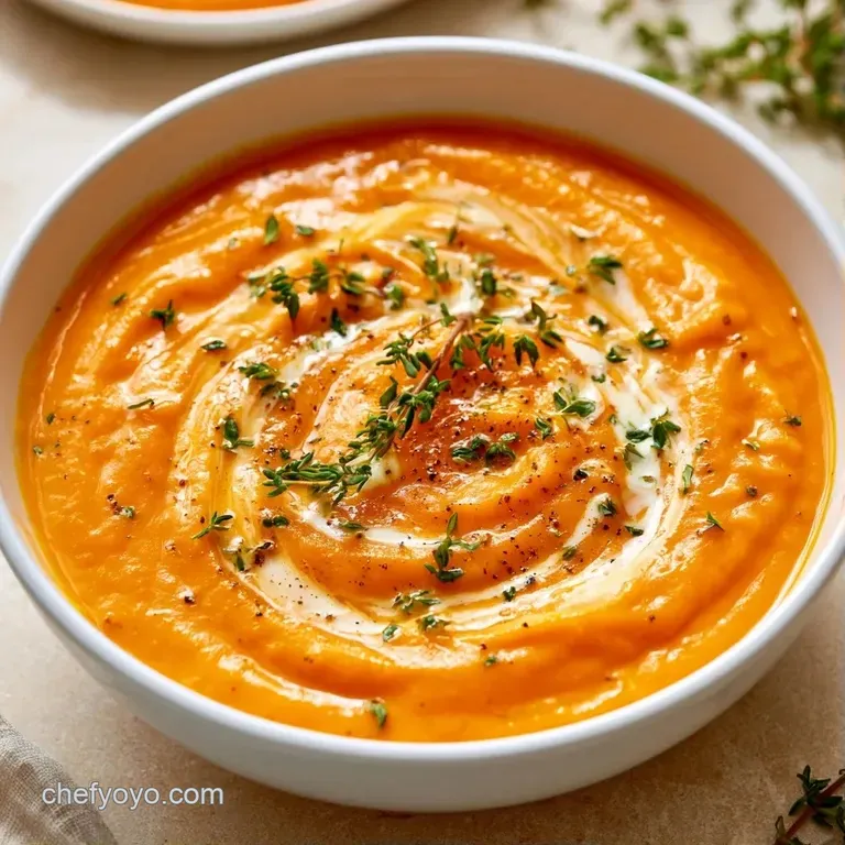 Vibrant orange soup in a white bowl with a swirl of cream and crunchy seeds resting on a rustic wooden table.